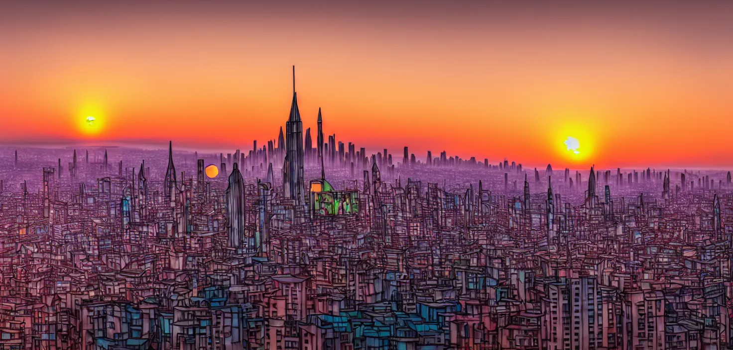 Image similar to studio ghiblli city, sunrise, 8 k denoised, high detail