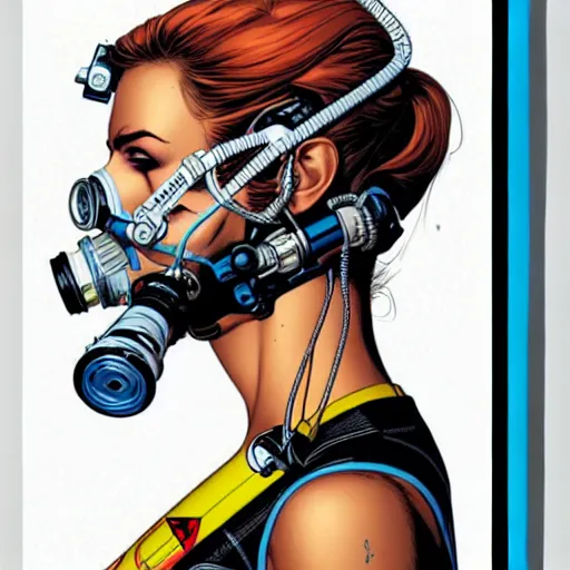 Image similar to portrait of a female diver with a oxygen mask intricate detailed mask with front profile by MARVEL comics and Sandra Chevrier