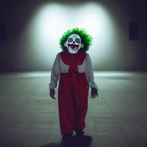 Prompt: Creepy clown attends church at night