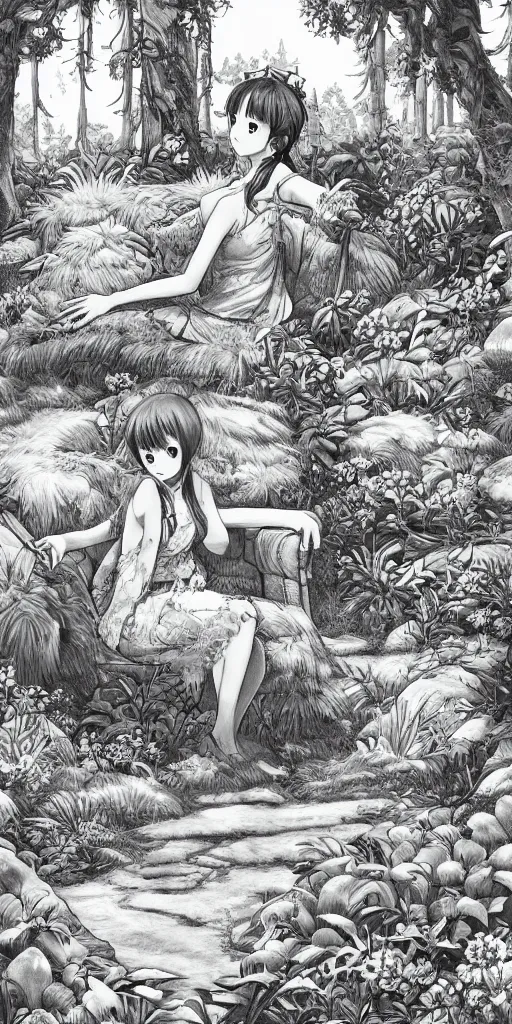 Image similar to landscape shot of a highly detailed queen sitting by herself on a sofa in a forest, drawn by CloverWorks, elegant, beauty, fine linework