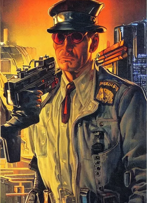 Prompt: cyberpunk cop. portrait by clyde caldwell and jean giraud and anton otto fischer and john philip falter and will eisner and gil elvgren