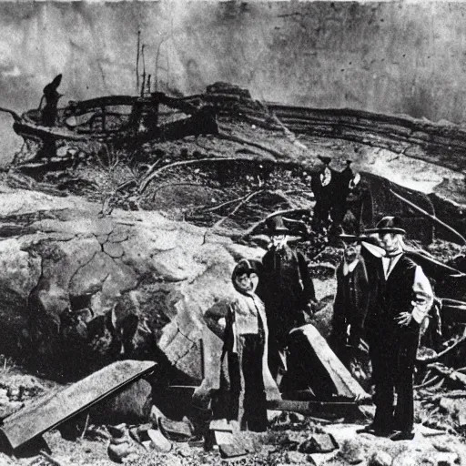 Image similar to old black and white photo, 1 9 1 3, depicting scientists around an alien wreck in the rocky mountains, historical record