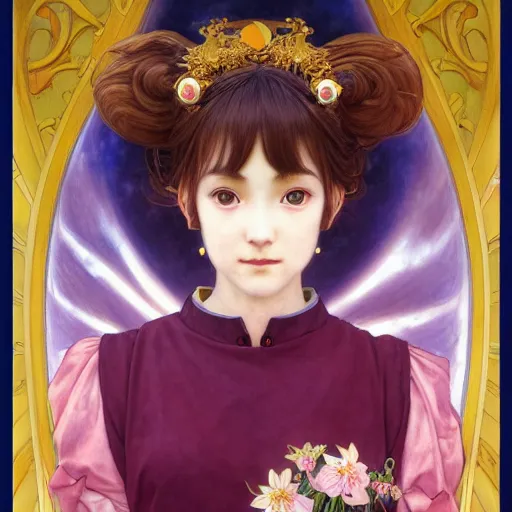 Image similar to Masterpiece portrait of a very young Sakura Kinomoto from Card Captor Sakura drawn by Donato Giancola and Tom Bagshaw, face by Artgerm and Edmund Leighton, Alphonse Mucha, background by James Jean and Gustav Klimt, 4k, french nouveau, trending on pixiv, octane render, hyperrealistic