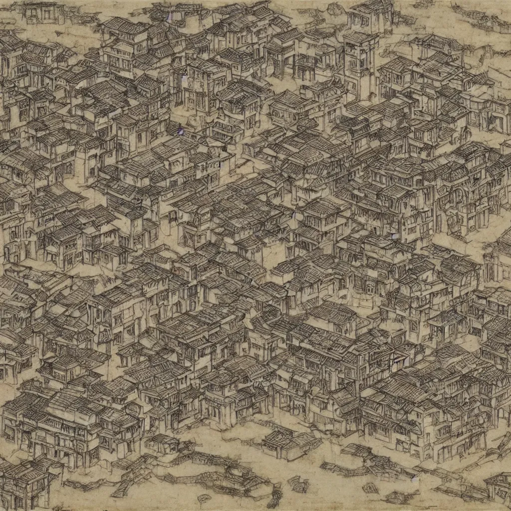 Image similar to sketches of kowloon walled city drawn by leonardo davinci on stained and crumbled paper, highly detailed, intricate, high quality scan