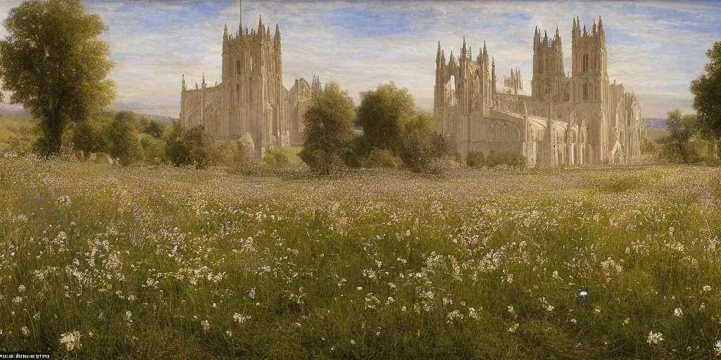 Prompt: a cathedral made of marble within a wildflower meadow at dawn, infinite regress, in the style of alma tadema