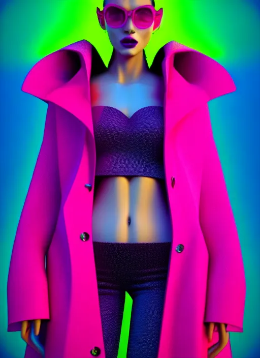 Image similar to stylish coat for a rave, bright colors, many details, prints, photo for a magazine, photo for a store, fashion photography, Vogue, 135 mm, cinematic, hyper realism, high detail, octane render, 8k, chrome accents, very coherent symmetrical artwork, perfect face model, full length photo, Upper and lower body, even skin tone