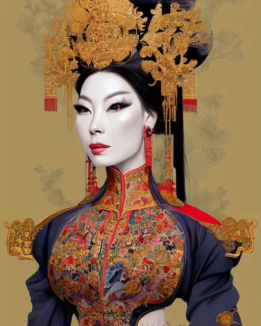 Prompt: portrait of isabelledeltore, machine face, upper half portrait, decorated with chinese opera motifs, asian, fine china, traditional chinese art, intricate, elegant, highly detailed, symmetry, headpiece, digital painting, artstation, concept art, smooth, sharp focus, illustration, art by artgerm and greg rutkowski and alphonse mucha, 8 k