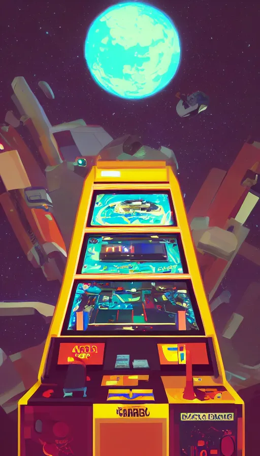 Prompt: arcade cabinet in space, sharp focus, james gilleard, cinematic, game art, extremely detailed digital painting, print