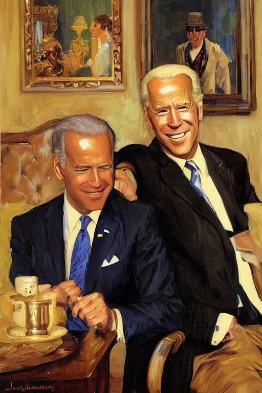 Image similar to joe biden and jeffrey epstein, painting by jc leyendecker!! phil hale!, angular, brush strokes, painterly, vintage, crisp