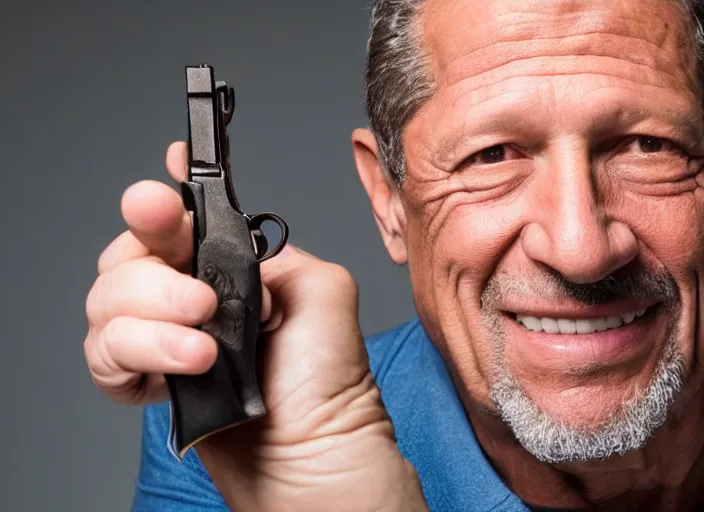 Image similar to studio portrait photo still of fred ward!!!!!!!! at age 5 3 years old 5 3 years of age!!!!!!! holding a revolver, 8 k, 8 5 mm f 1. 8, studio lighting, rim light, right side key light