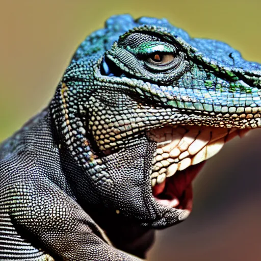 Image similar to the head of a lizard photoshopped onto a gorrilla's body, full - body shot, cursed image