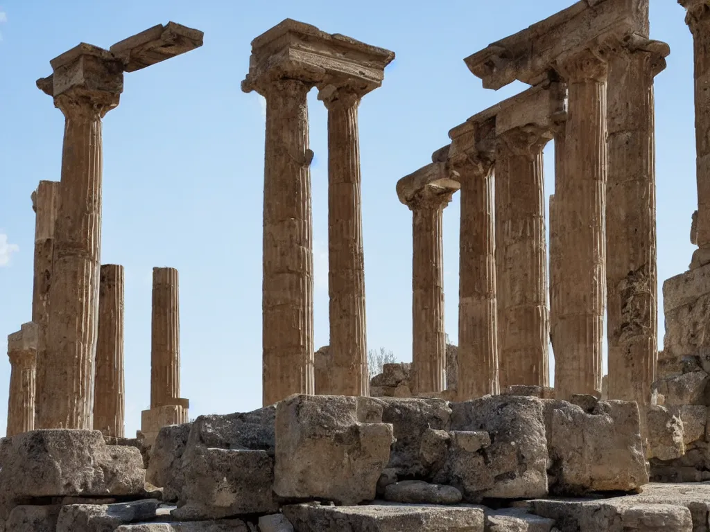 Image similar to mid air ancient greek buildings, pillars and pieces of statues falling