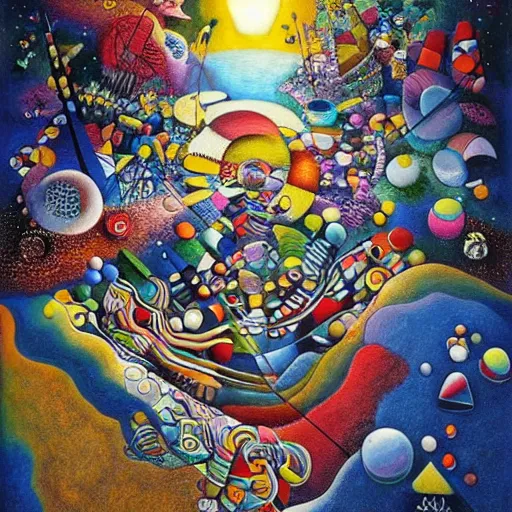 Prompt: worlds within worlds, beautiful digital art by wassily kandinsky and jacek yerka