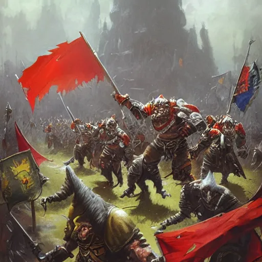 Prompt: Orcs from Warhammer Fantasy with Russian flags are charging by Greg Rutkowski