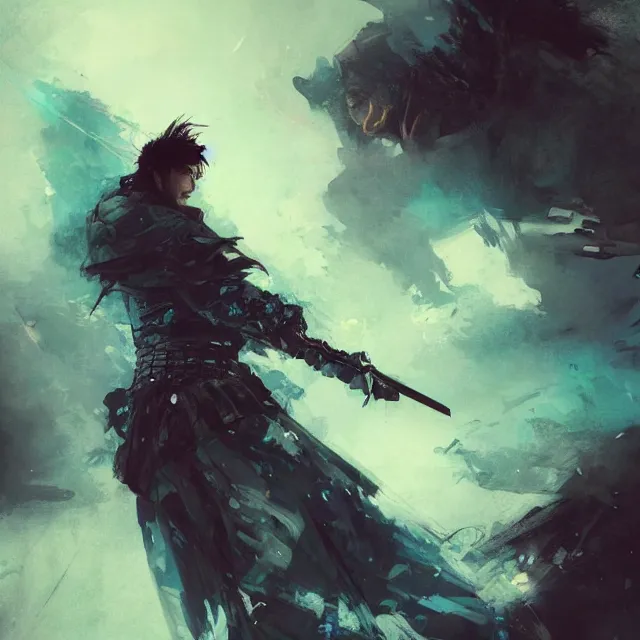 Prompt: lone samurai in cyan armor, art by yoshikita amano, ruan jia, yoji shinkawa, trending on artstation, very very detailed, beautiful, amazing quality, breathtaking artwork