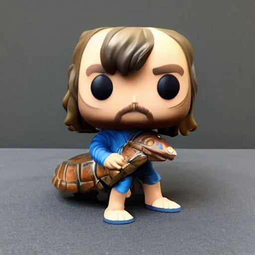 Image similar to “ a funko pop of a man with long hair riding a giant turtle, highly detailed, photo real ”