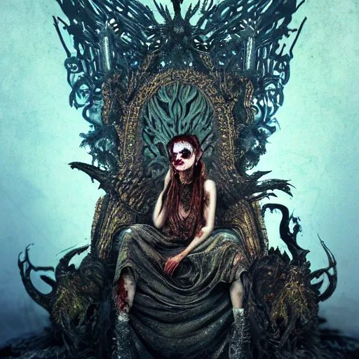 Prompt: zombie princess portrait , sitting on intricate throne, fantasy, dystopian, phoenix dragon, butterfly squid, burning halo, intricate artwork by Guy Denning and Anna Dittmann very coherent artwork, cinematic, hyper realism, high detail, octane render, unreal engine, 8k, Vibrant colors, Smooth gradients, High contrast, depth of field,