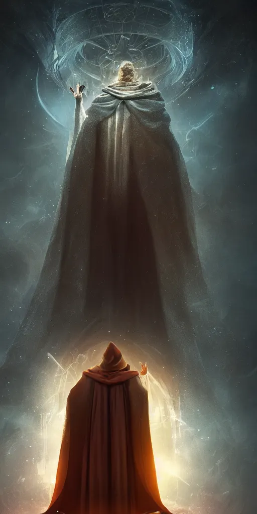 Prompt: a wizard in a cloak standing in front of a portal to wisdom, tall door, high ceiling, magic light, light beam, cinematic atmosphere, high definition, ultra detailed