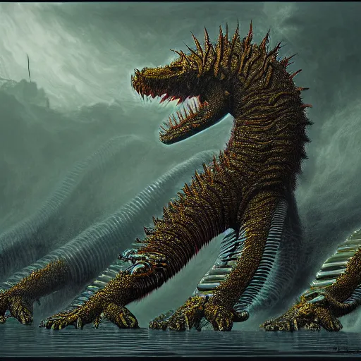 Image similar to photorealistic kaiju centipede in the style of michael whelan and gustave dore. hyperdetailed photorealism, 1 0 8 megapixels, amazing depth, glowing rich colors, powerful imagery, psychedelic overtones, 3 d finalrender, 3 d shading, cinematic lighting, artstation concept art