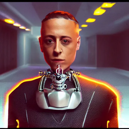 Prompt: a cinematic film still of rapper lil skies as a cybernetic cyborg, cgi, surrealism, film photography