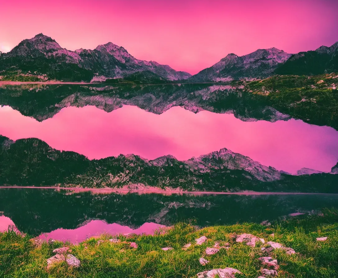 Image similar to wide angle photography, majestic mountains, beautiful lake, lush landscape, pink sky, sunset