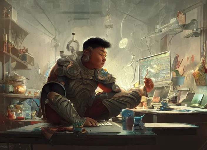 Image similar to an insanely detailed painting of an asian man wearing a homemade superhero costume, sitting at a desk, staring seriously at the computer and typing, in the style of peter mohrbacher, dramatic lighting and composition, surreal background, octane render, pixar, trending on artstation, concept art, comic book, view from behind, 8 k