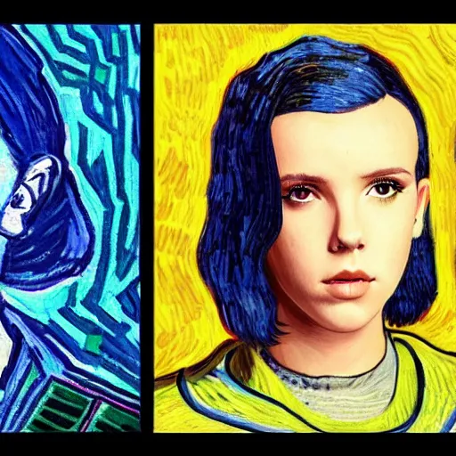 Image similar to Cyberpunk Millie Bobby Brown by Vincent Van Gogh