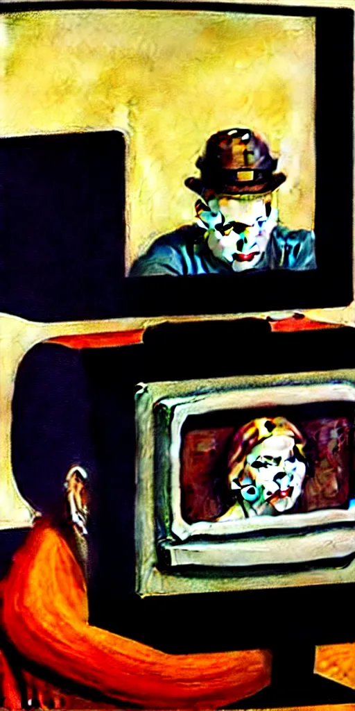 Prompt: edward hopper painting of a crt television broadcasting propaganda out of the screen, lots of people with no eyes. one normal person with eyes, a young man, frightened about what is going on around him s 1 5 0