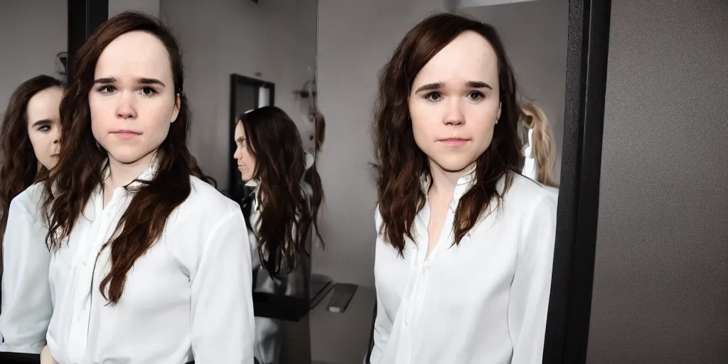 Image similar to ultra wide angle photo of ellen page dressed in a white blouse and black dress pants looks at herself in a bathroom mirror and sees her reflection as a male version of her self