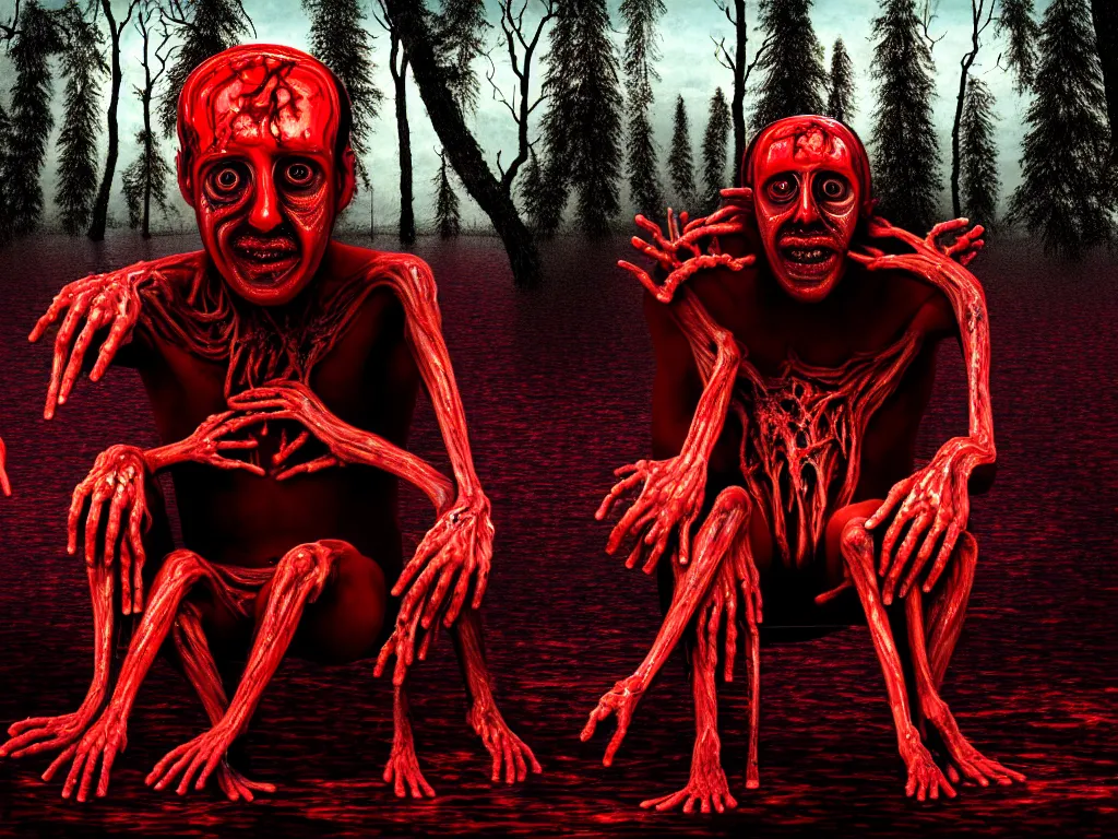 Image similar to a portrait of a man with five heads, twelve arms, sitting on chair made of human limbs, the chair is floating in a lake of blood, around the lake are melting trees, the man's limbs are merging with the trees, digital art, hyperrealistic nightmare scene, supernatural, highly detailed, creepy, terrifying