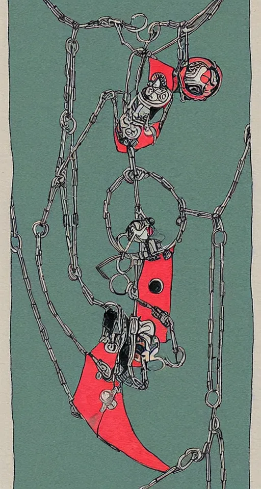 Image similar to a robot hanging by chains upside down peacefully, beautiful Coloured Japanese ink painting inspired by the hanged man tarot card, sharp lines