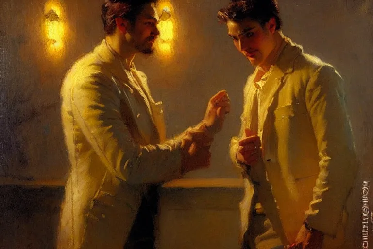 Image similar to winter, attractive male, neon light, india, painting by gaston bussiere, craig mullins, j. c. leyendecker