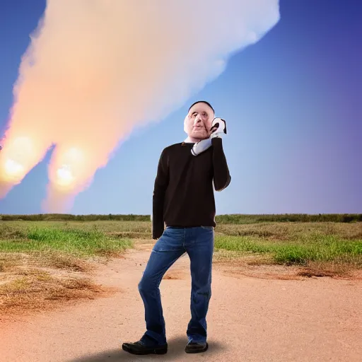 Image similar to a portrait of a man who is covering his ears from a loud rocket launch behind him, 4 k, photography