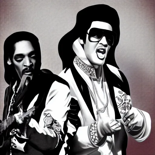 Image similar to elvis presley and snoop dog singing a duet, black velvet, digital art