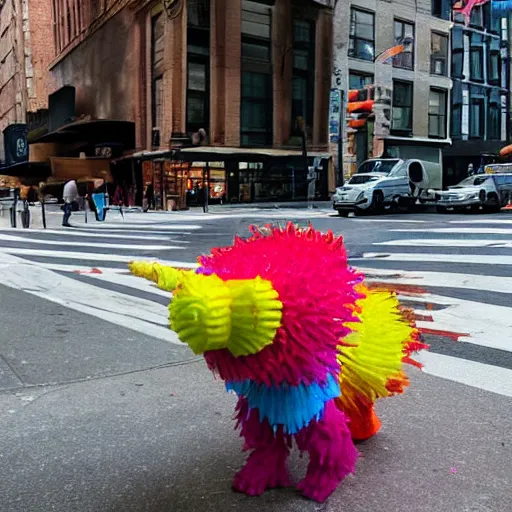 Image similar to a creature made of crayon scribbles walking around the real world in new york in broad daylight