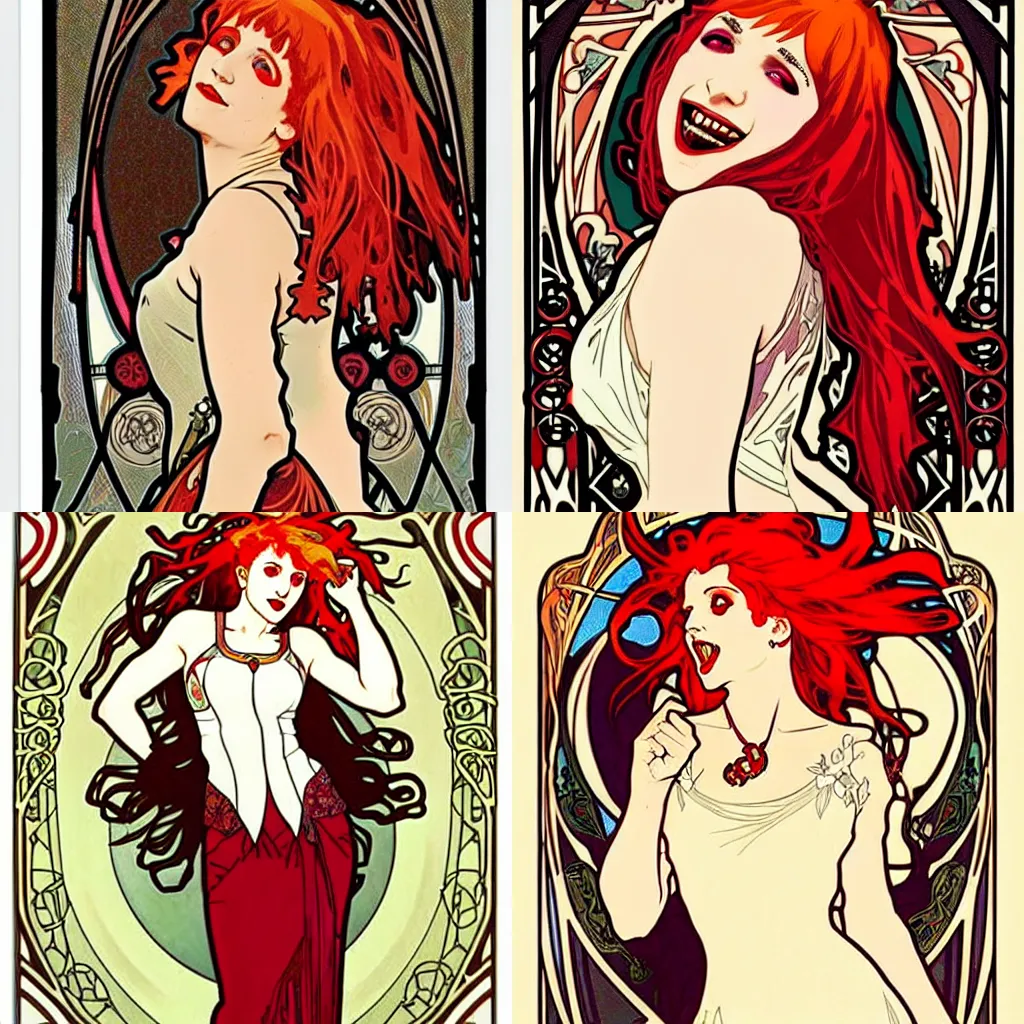 Prompt: Alphonse Mucha, art nouveau, cardstock, pretty female Hayley Williams Paramore, vampire, fully red eyes, sharp teeth smile, victorian dress, long red hair, full body action pose