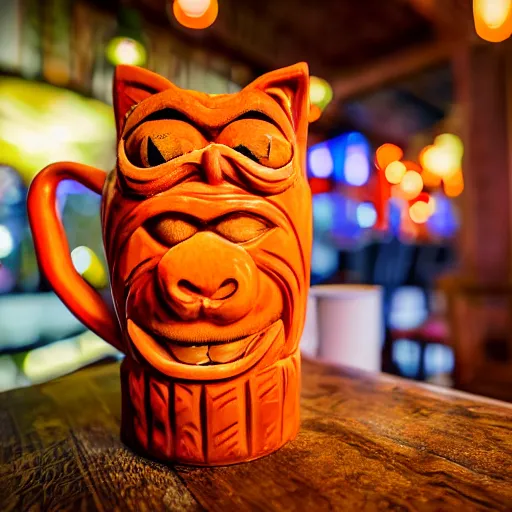 Image similar to a closeup photorealistic photograph of an orange cat garfield style tiki mug at a trader vic's bar with garfield's face on the front. tiki party. bright scene. fine detail. this 4 k hd image is trending on artstation, featured on behance, well - rendered, extra crisp, features intricate detail, epic composition and the style of unreal engine.