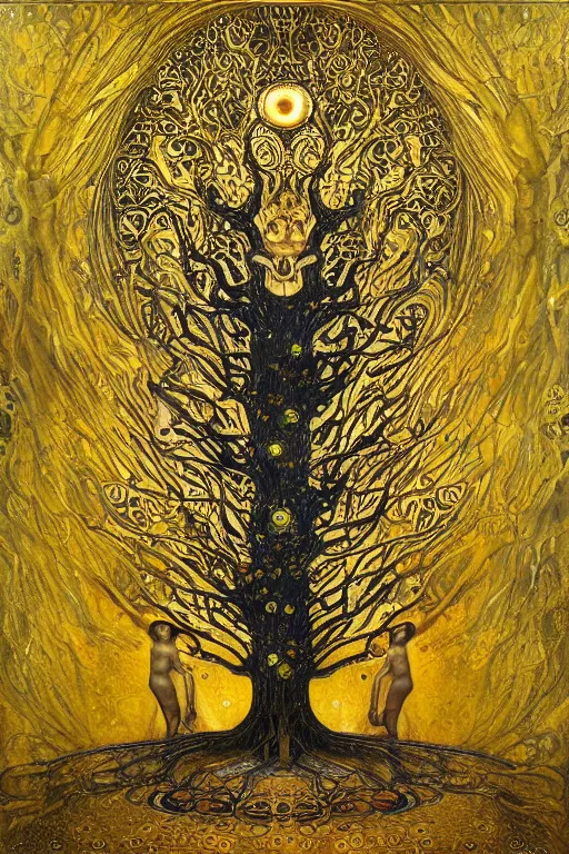 Image similar to Tree of Life by Karol Bak, Jean Deville, Gustav Klimt, and Vincent Van Gogh, mysterious, sacred geometry, Surreality, radiant halo, otherworldly, enigma, fractal structures, celestial, arcane, ornate gilded medieval icon, third eye, spirals