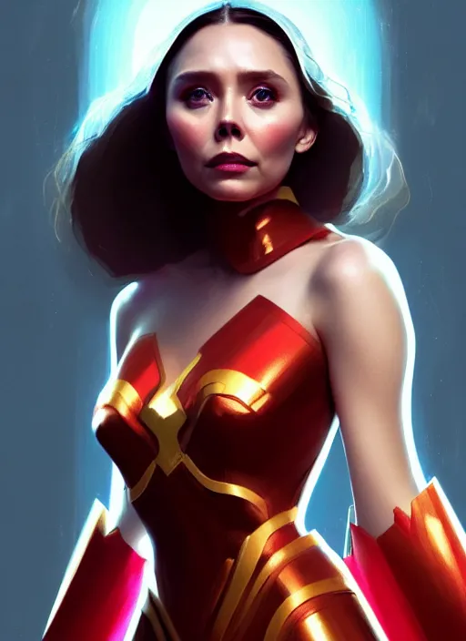 Image similar to portrait of modern darna, elizabeth olsen, intricate, elegant, glowing lights, highly detailed, digital painting, artstation, glamor pose, concept art, smooth, sharp focus, illustration, art by wlop, mars ravelo and greg rutkowski