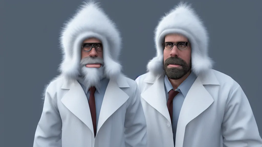 Image similar to a scientist who wears a scientist coat and has a yeti head for a head, 4 k, photorealistic, dramatic lighting