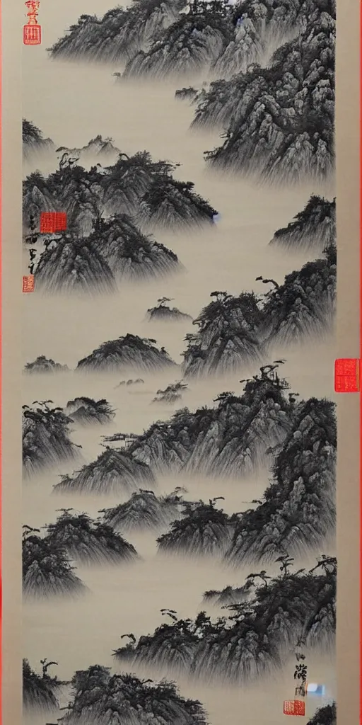 Image similar to Environmental shot, Beautiful!!!!! chinese ink-wash painting of a river!!!, beautiful brush strokes, red ink, birds flying , shui mo hua by Wang Mingming !!!, highly intricate