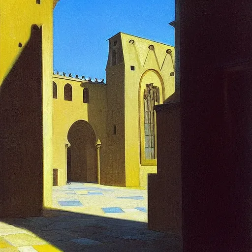 Image similar to in the distance, a little girl with short black hair and wearing a yellow coat alone in the inner courtyard of a cloister in an abbey, the light is bright and wintry, painting by hopper and de chirico