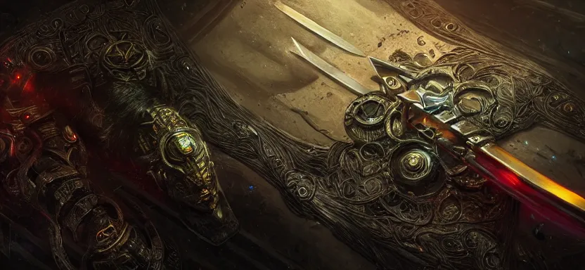 Image similar to legendary sword of cybernetic technology lying flat on a glowing table, digital award winning hd matte painting, intimate dark moody, intricate, long sharp black and iridescent blade, ornate spikes, colorful hilt, detailed realistic, raytraced blade, colored gems, golden pommel, in the style of greg rutkowski and krenz cushart, deviantart