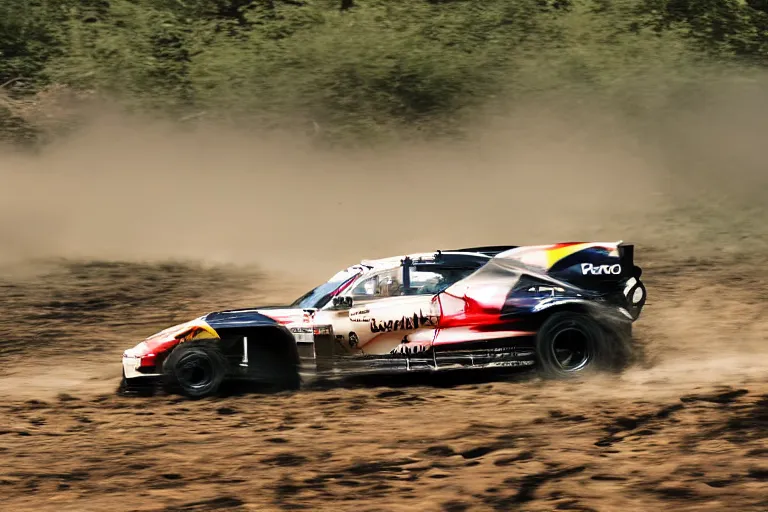 Prompt: F1 rally car driving on off-road. High speed photography, motion blur, photograph, midday, muted colors, motion blur, mist
