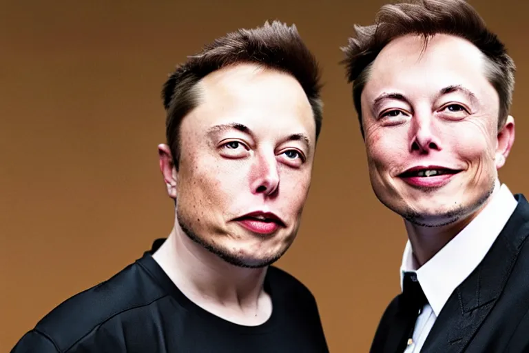 Image similar to A portrait photo of Elon Musk teams up with a teenage Elon Musk, perfect faces, 50 mm, award winning photography