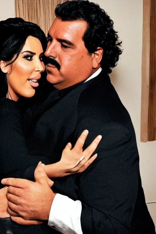 Prompt: Pablo Escobar hugging kim kardashian inside a mafia penthouse