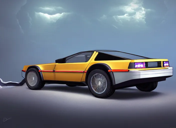 Prompt: wide view shot of a new car for 2 0 3 2 with offroad tires installed. style by petros afshar, christopher balaskas, goro fujita, and rolf armstrong. car design by delorean motor company and land rover.