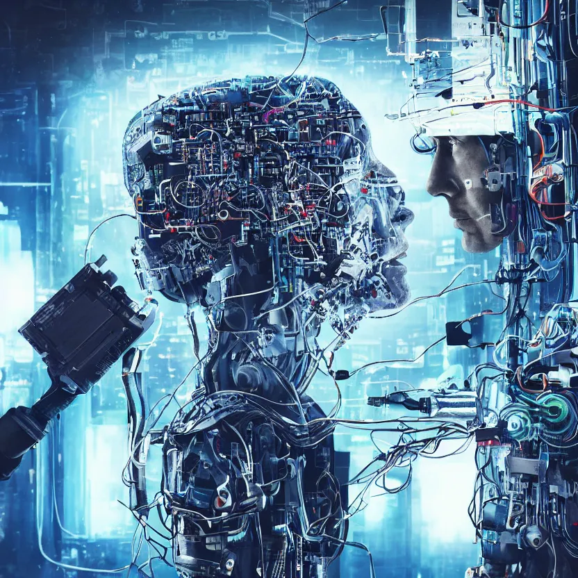 Image similar to Beautiful Photo of Arduino Uno in the man robot's head. Cyberpunk. splatterpunk. 4K