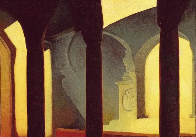 Image similar to a detailed oil painting of a arabian french large ball room, pillar, ominous,, curtains, by nicholas roerich, by gustave moreau, by frank frazetta, by hans emmenegger, by bruce pennington, by eyvind earle, moisture, grainy, highly detailed, realistic, outline, line,