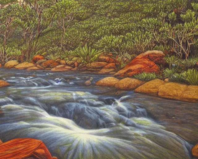 Image similar to A colored pencil drawing of Karkloof Nature Reserve with a river of red wine, very detailed, realistic